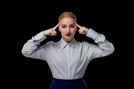 Business woman serious cute blonde girl thinking with red lipstick in office outfit